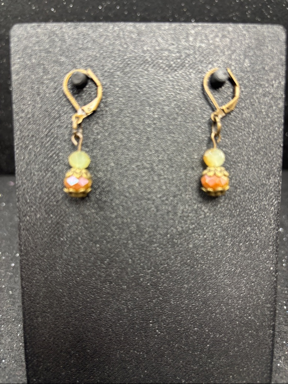 Antique Gold Green & Amber Beaded Dangle Earrings - Picture 2 of 4